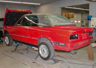 1993 BMW 325i convertible E30 being repaired in the shop at Diamond Collision Services Inc.